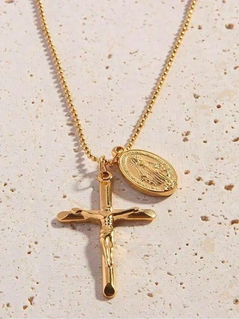Gold Cross and Medal Pendant Necklace R673